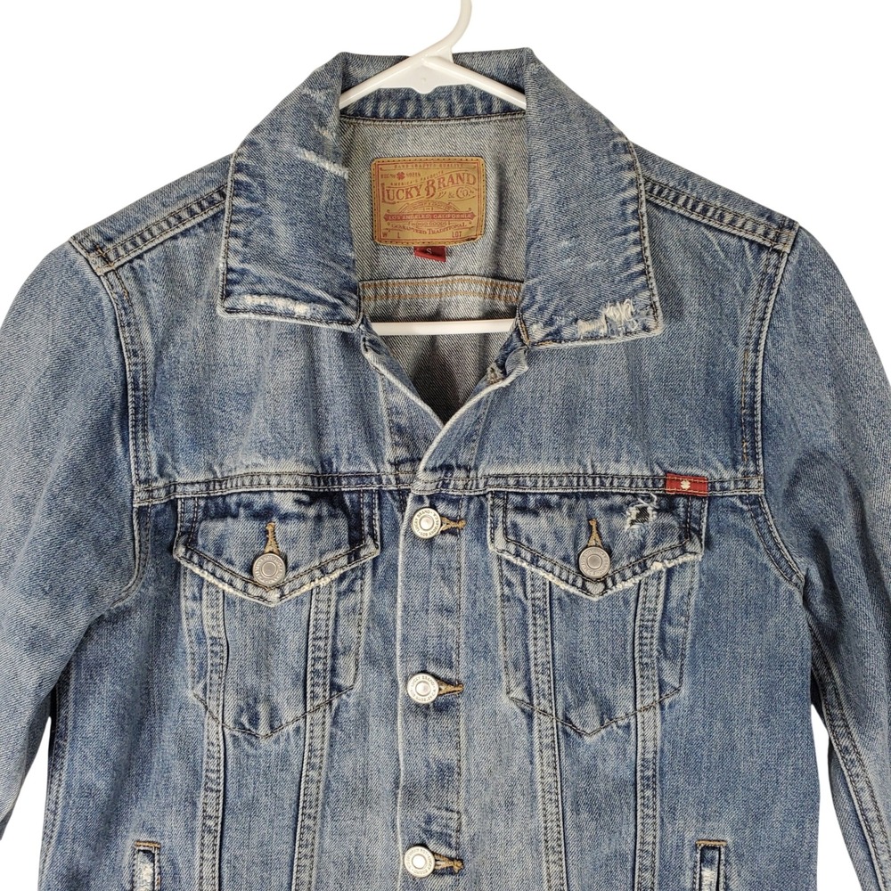 Lucky Brand The Tomboy Trucker Denim Jacket Medium Wash Distressed Women Small